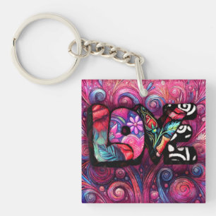 Abstract Love Word Graffiti Valentine Floral Pink Keychain