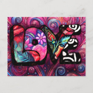 Abstract Love Word Graffiti Valentine Floral Pink Postcard