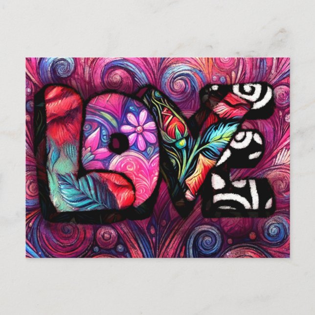 Abstract Love Word Graffiti Valentine Floral Pink Postcard (Front)