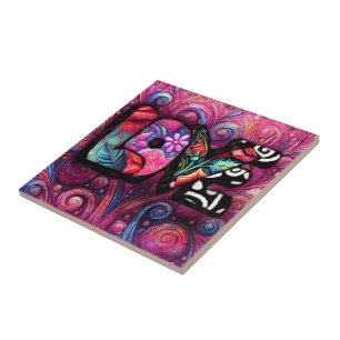 Abstract Love Word Graffiti Valentine Floral Pink Tile
