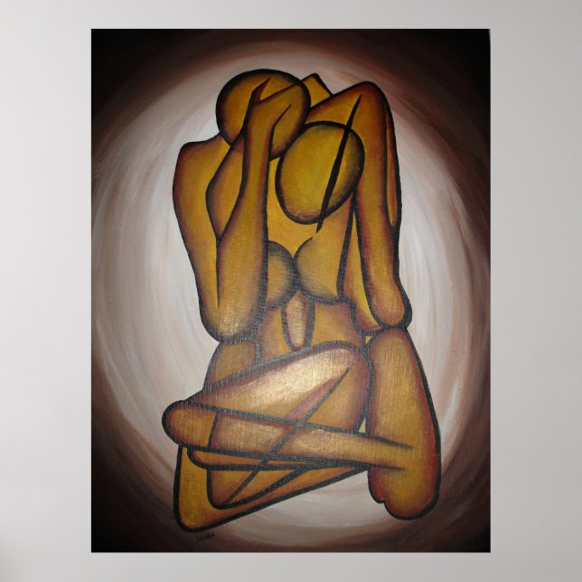 Abstract Lovers Contemporary Art In Ocher And Brow Poster (Front)