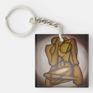Abstract Lovers Contemporary Art In Ochre And Brow Keychain