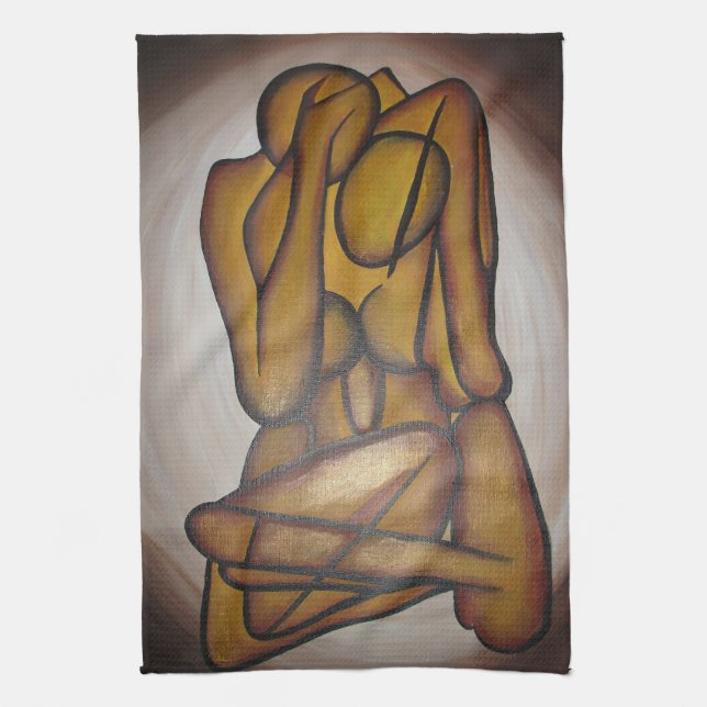 Abstract Lovers Contemporary Art In Ochre And Brow Kitchen Towel (Vertical)
