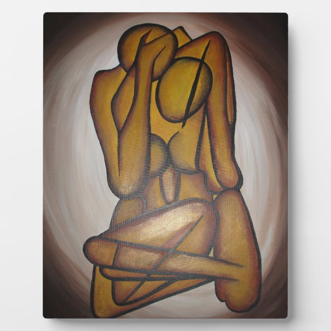 Abstract Lovers Contemporary Art In Ochre And Brow Plaque (Front)
