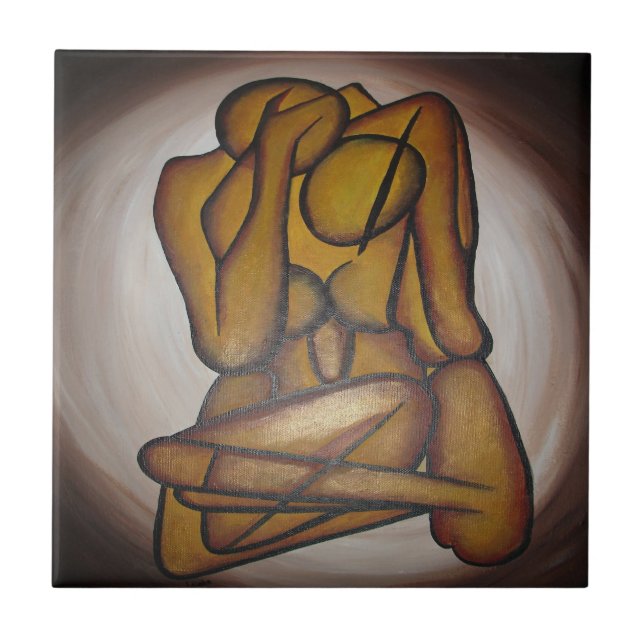 Abstract Lovers Contemporary Art In Ochre And Brow Tile (Front)
