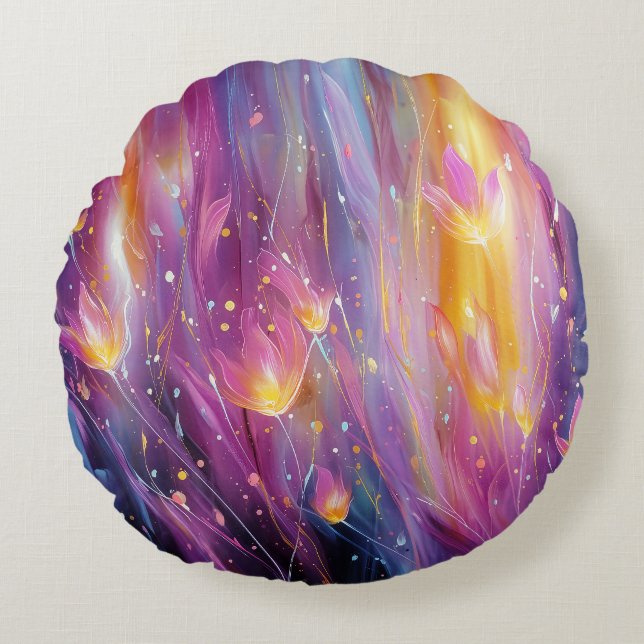 Abstract luminous floral explosion round pillow (Front)