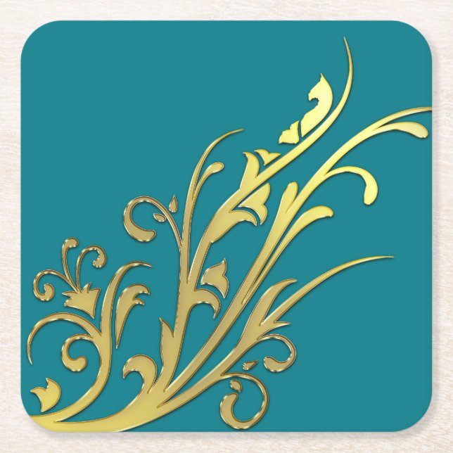 Abstract Luxury Faux Gold Flower Square Paper Coaster (Front)
