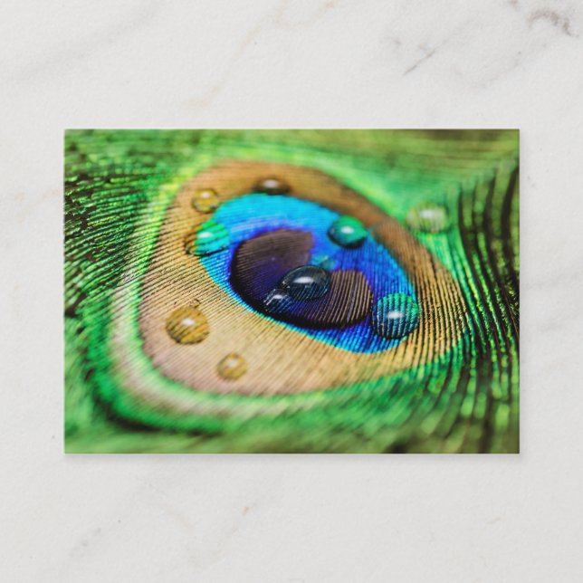 Abstract Macro Peacock Feather Drops Business Card (Front)