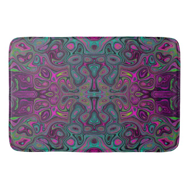 Abstract Magenta and Teal Blue Groovy Pattern Bath Mat (Front)