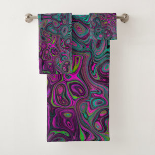 Abstract Magenta and Teal Blue Groovy Pattern Bath Towel Set