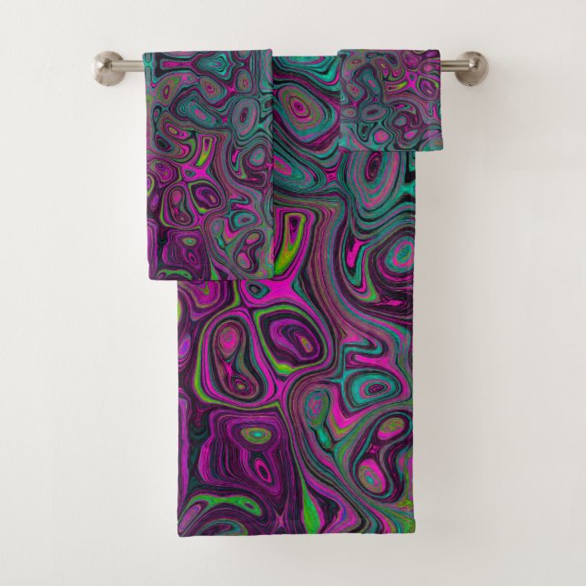 Abstract Magenta and Teal Blue Groovy Pattern Bath Towel Set (Insitu)