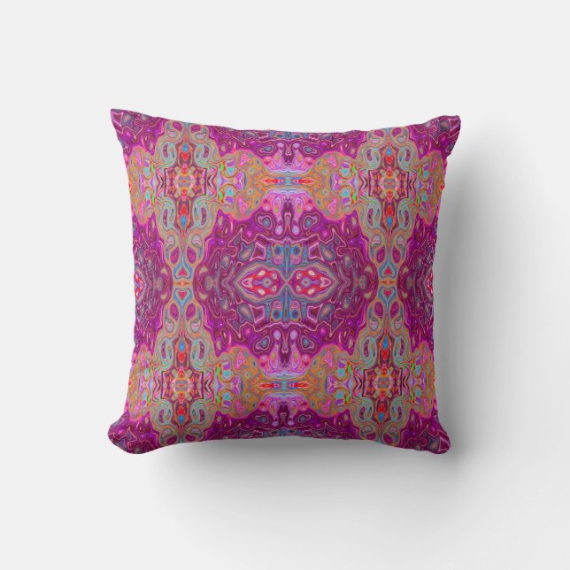 Abstract Magenta Pink, Blue and Red Groovy Pattern Throw Pillow (Front)