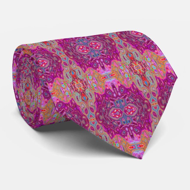 Abstract Magenta Pink, Blue and Red Groovy Pattern Tie (Rolled)