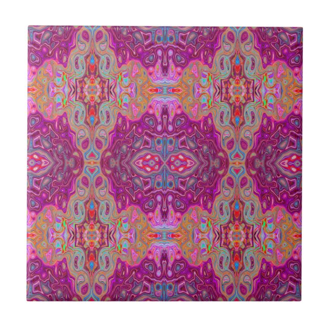 Abstract Magenta Pink, Blue and Red Groovy Pattern Tile (Front)