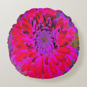 Abstract Magenta, Purple and Red Dahlia Flower Round Pillow