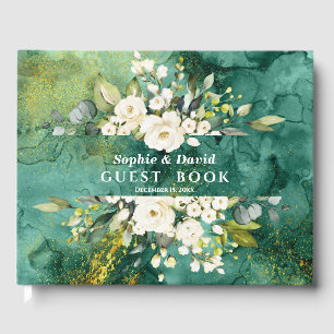 Abstract Malachite Gold White Cream Floral Wedding Guest Book