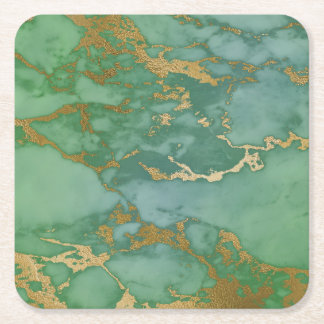ABSTRACT MARBLE GREEN GOLD SQUARE PAPER COASTER
