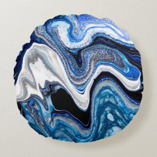 Abstract marble liquid texture in silver white gli round pillow
