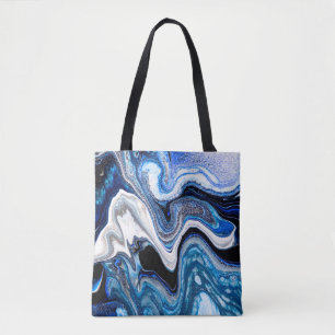 Abstract marble liquid texture in silver white gli tote bag
