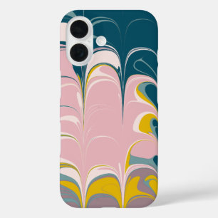Abstract Marble Modern Ebru Pattern Teal and Pink iPhone 16 Case