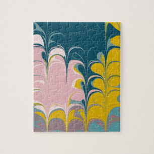 Abstract Marble Modern Ebru Pattern Teal and Pink Jigsaw Puzzle
