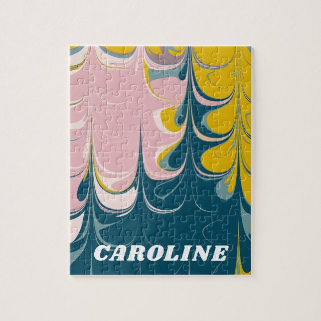 Abstract Marble Modern Ebru Pattern Teal and Pink Jigsaw Puzzle (Vertical)