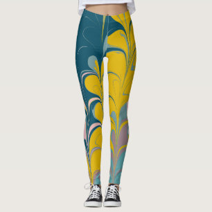 Abstract Marble Modern Ebru Pattern Teal and Pink Leggings