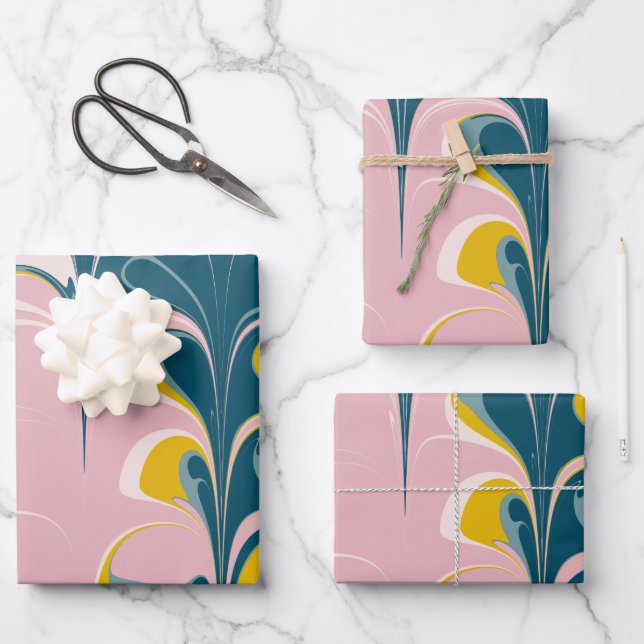 Abstract Marble Modern Ebru Pattern Teal and Pink  Wrapping Paper Sheet (Front)
