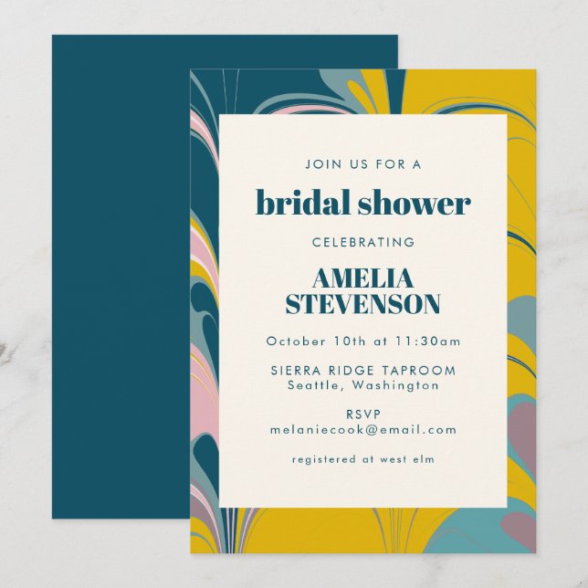 Abstract Marble Modern Teal Yellow Bridal Shower Invitation (Front/Back)