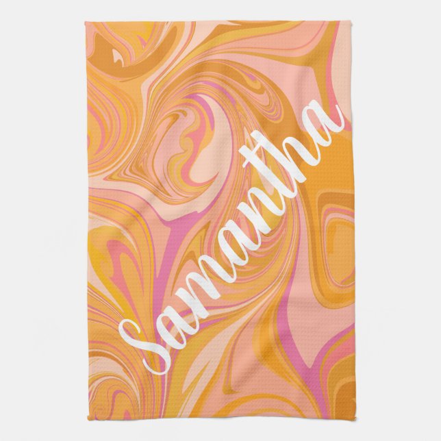 Abstract Marble Swirl Art in Yellow Kitchen Towel (Vertical)
