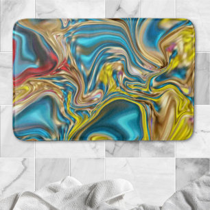 abstract marble swirls yellow teal turquoise blue bath mat