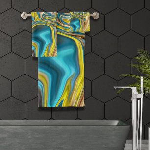 abstract marble swirls yellow teal turquoise blue bath towel set