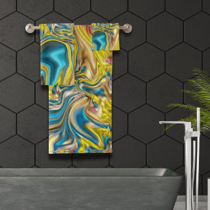 abstract marble swirls yellow teal turquoise blue bath towel set