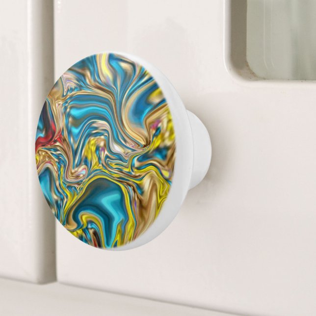 abstract marble swirls yellow teal turquoise blue ceramic knob (abstract marble swirls yellow teal turquoise blue ceramic knob)