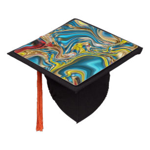 abstract marble swirls yellow teal turquoise blue graduation cap topper