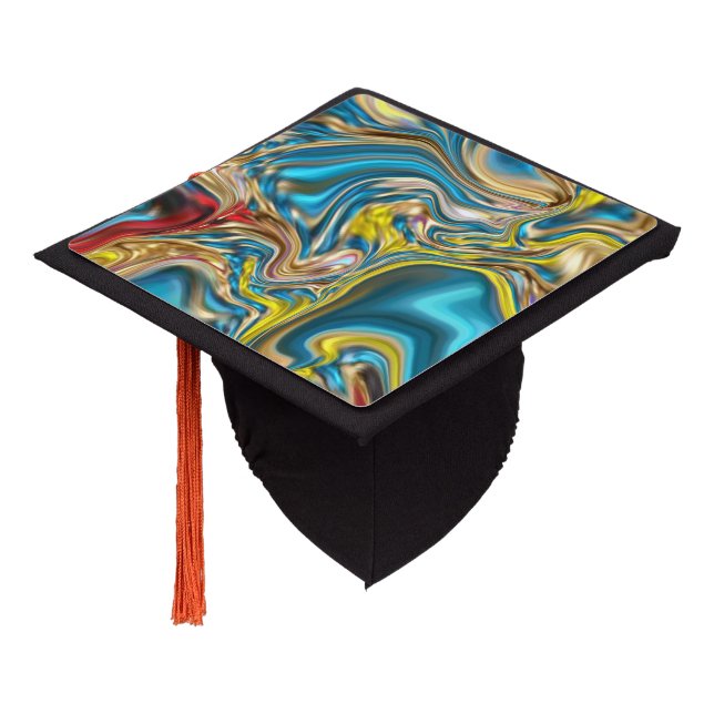 abstract marble swirls yellow teal turquoise blue graduation cap topper (Angled)