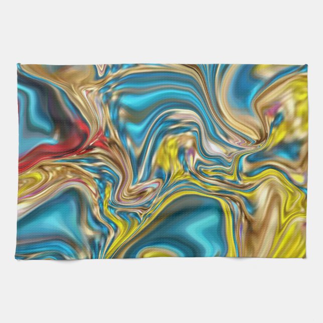 abstract marble swirls yellow teal turquoise blue kitchen towel (Horizontal)
