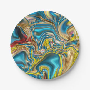 abstract marble swirls yellow teal turquoise blue paper plate