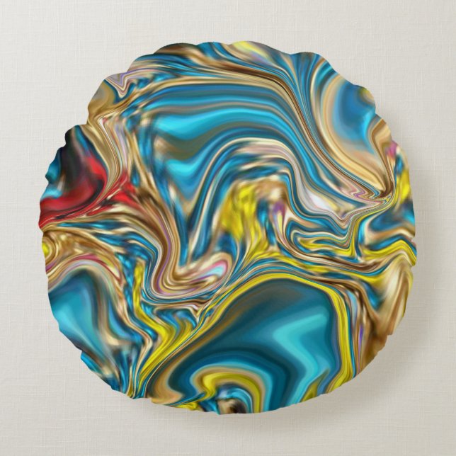 abstract marble swirls yellow teal turquoise blue round pillow (Front)