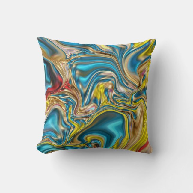 abstract marble swirls yellow teal turquoise blue throw pillow (Front)
