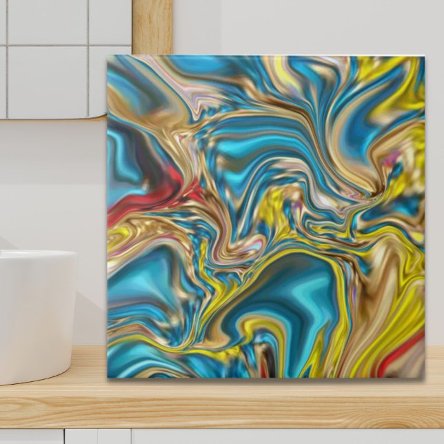 abstract marble swirls yellow teal turquoise blue tile (abstract marble swirls yellow teal turquoise blue ceramic tile)