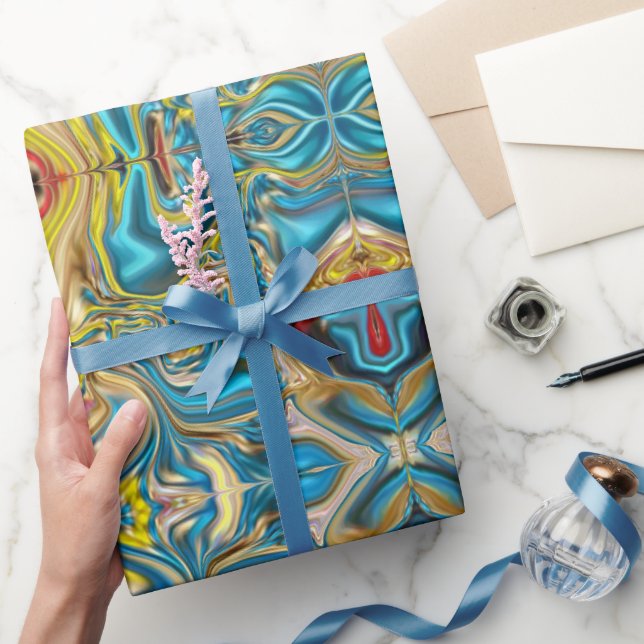 abstract marble swirls yellow teal turquoise blue wrapping paper (Gifting)