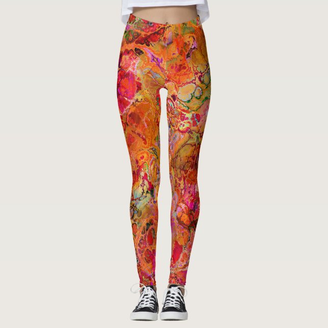 Abstract Marbled Pattern in Red and Orange Leggings (Front)