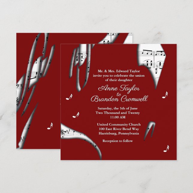 Abstract Maroon and White Music Wedding Invitation (Front/Back)
