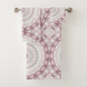 Abstract Medallion Design in Mauve and White Bath Towel Set