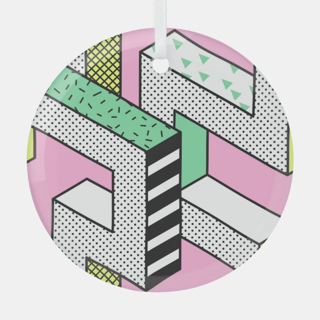 Abstract Memphis: 80s geometric shapes. Glass Ornament (Front)