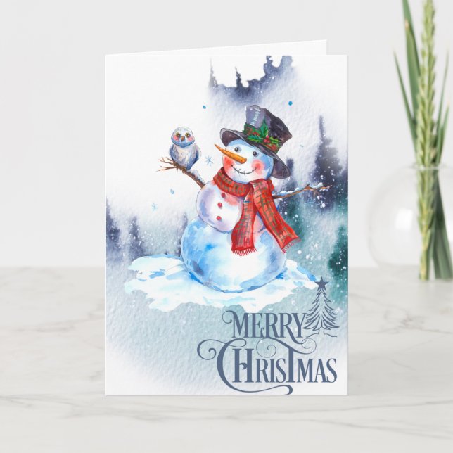Abstract Merry Christmas Snowman Winter Scene Holiday Card (Front)