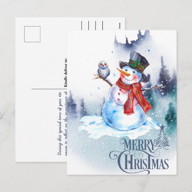 Abstract Merry Christmas Snowman Winter Scene Holiday Postcard (Front/Back)