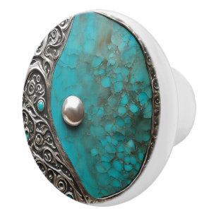 Abstract Metal & Stone in Aqua Verdigris  Ceramic Knob