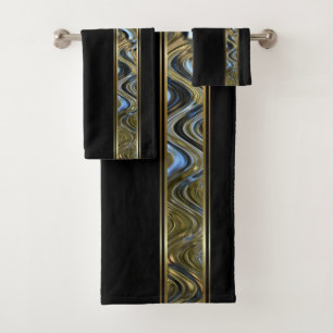 Abstract Metallic Gold and Blue Waves on Black Bath Towel Set